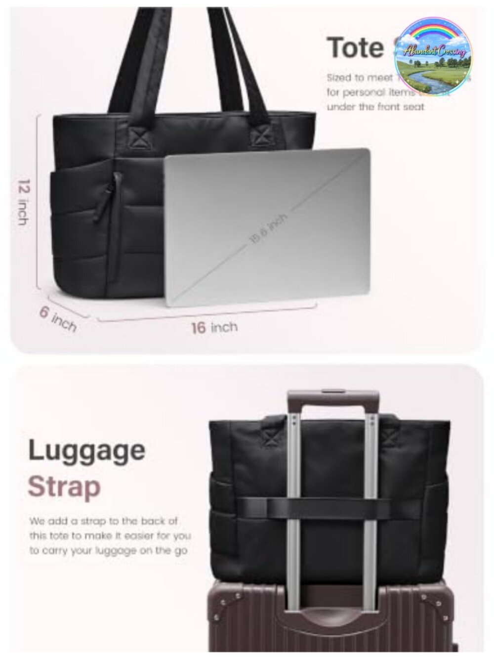 Quilted Puffer Tote Bag with Zipper Lightweight Laptop Work Travel - Picture 5 of 6